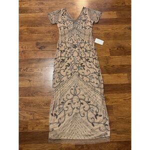 Pisarro Nights Beaded Mesh Column Gown V-Neck Beige/Silver Women’s Size 12 NWT